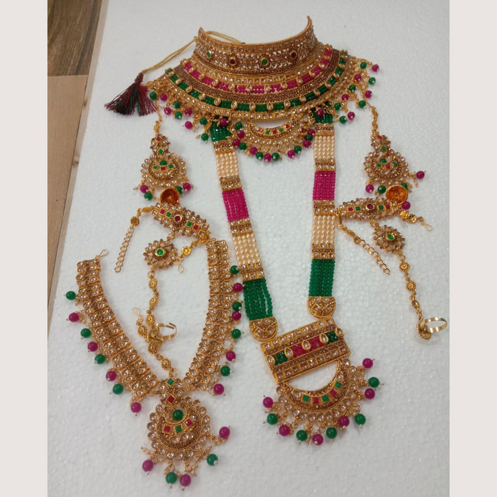 Neetu Art Gold Plated Pink & Green Stone And Kundan Bridal Jewellery Set for Women - NABridal60