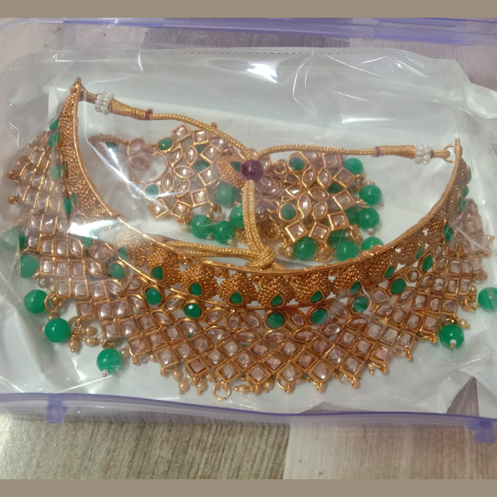 Neetu Art Gold Plated Kundan Stone & Beads Choker Necklace Set With Maangtikka