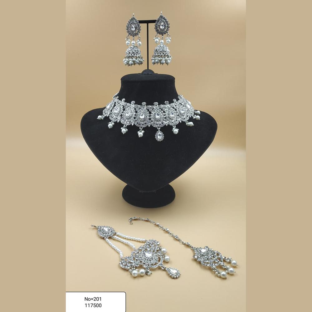 Padmawati Bangles Silver Plated White Austrian Stone Necklace Set With Maang Tikka - PBNECK83