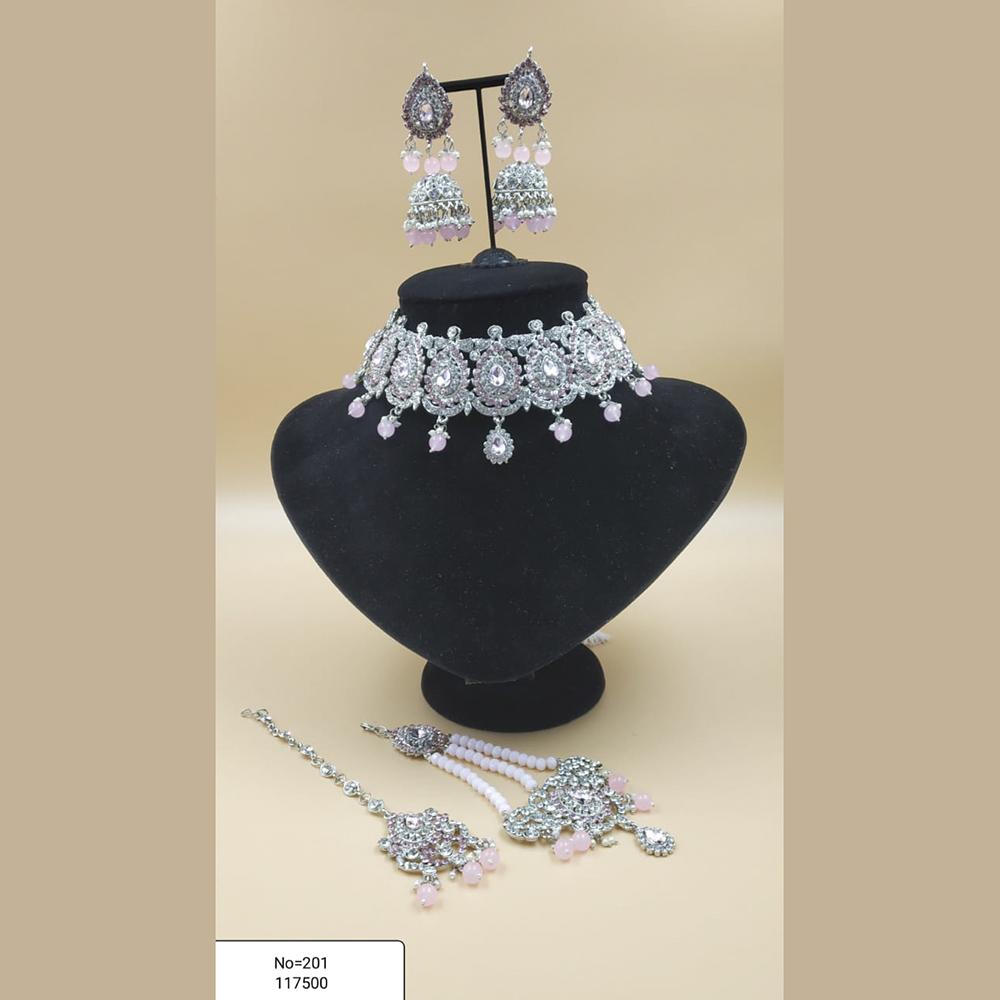 Padmawati Bangles Silver Plated White And Pink Austrian Stone Necklace Set With Maang Tikka - PBNECK87
