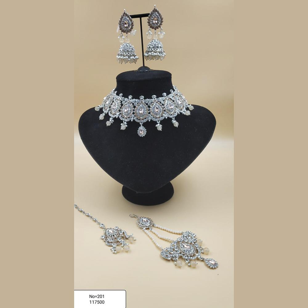 Padmawati Bangles Silver Plated White And Brown Austrian Stone Necklace Set With Maang Tikka - PBNECK88