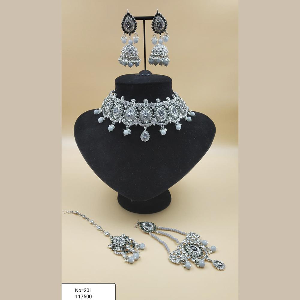 Padmawati Bangles Silver Plated White And Green Austrian Stone Necklace Set With Maang Tikka - PBNECK89