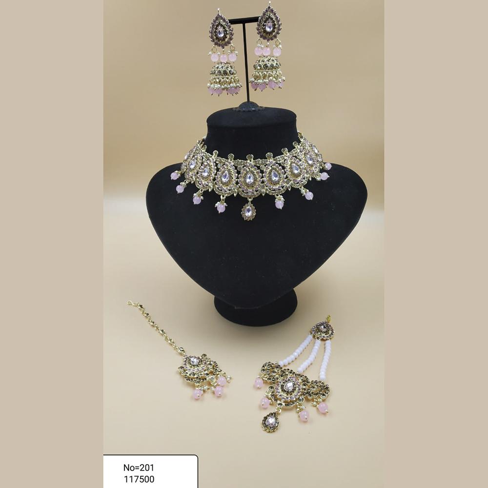 Padmawati Bangles Gold Plated White And Pink Austrian Stone Necklace Set With Maang Tikka - PBNECK90