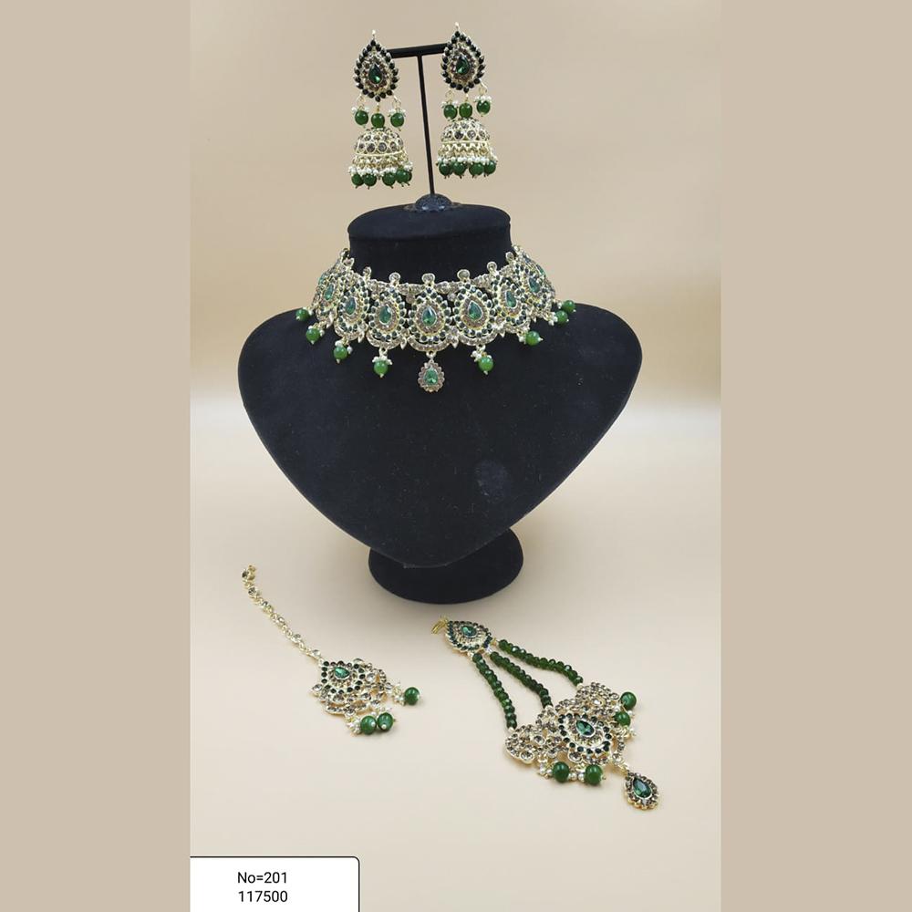 Padmawati Bangles Gold Plated Brown And Green Austrian Stone Necklace Set With Maang Tikka - PBNECK91