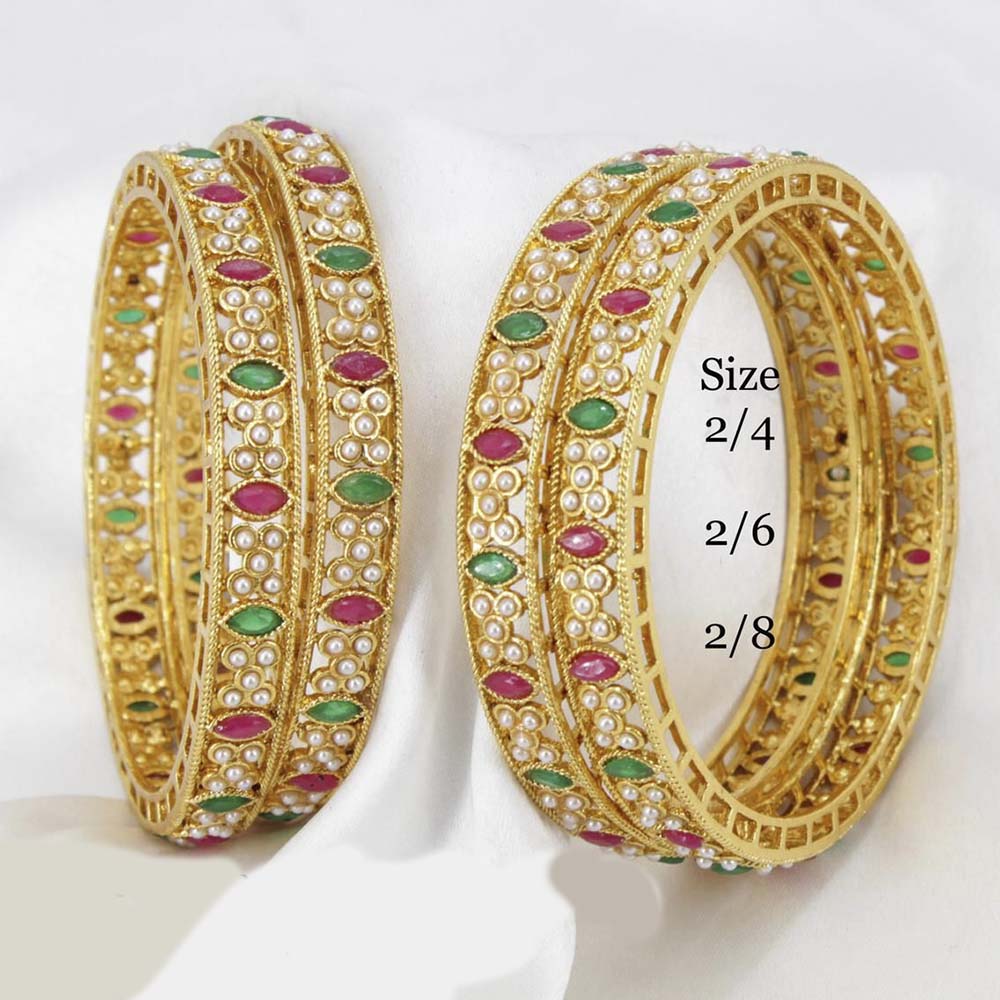 Pooja Bangles Gold Plated Pink & Green Kundan Stone Bangles Set