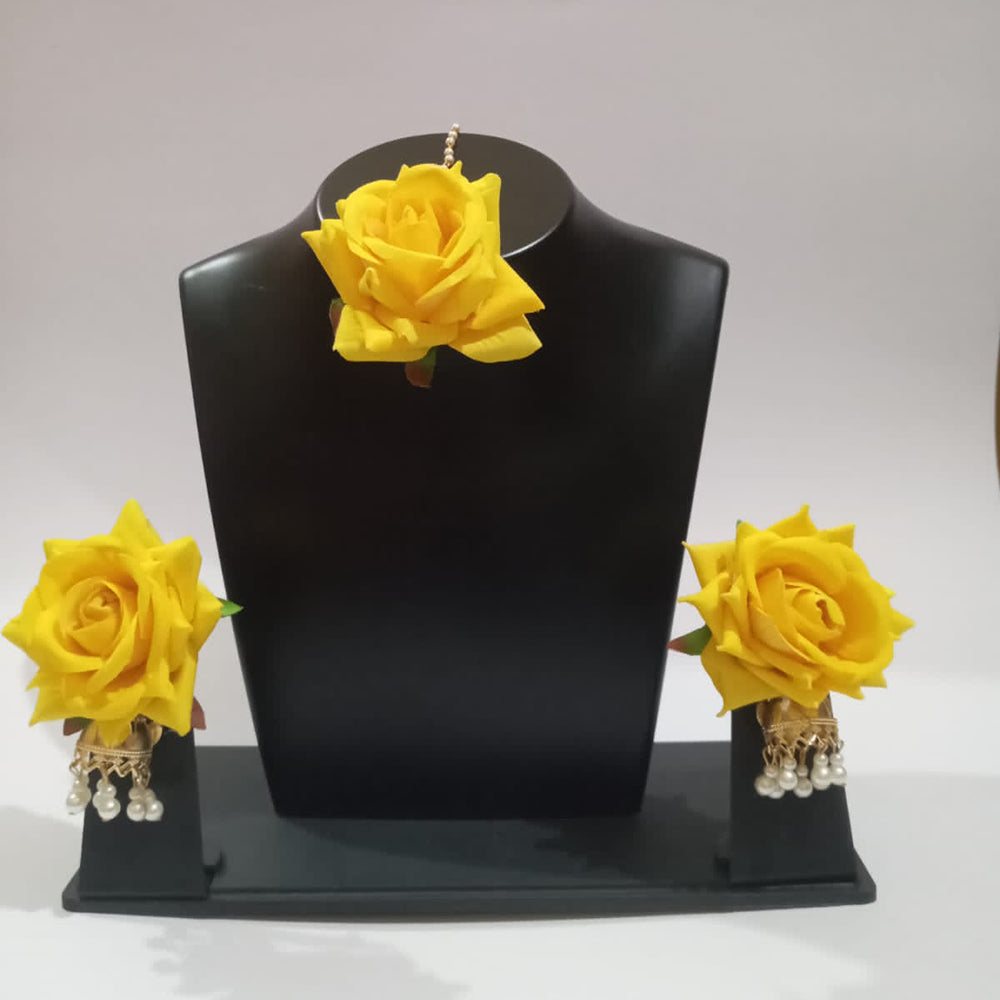 Pooja Bangles Yellow Floral Design Earrings With Maang tikka