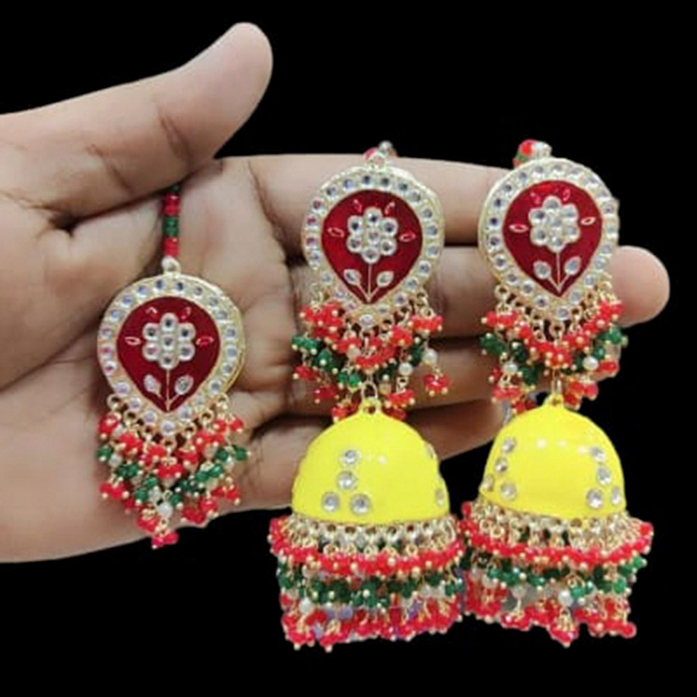 Pooja Bangles Kundan Stone & Meenakari Jhumki Earrings With Maang Tikka