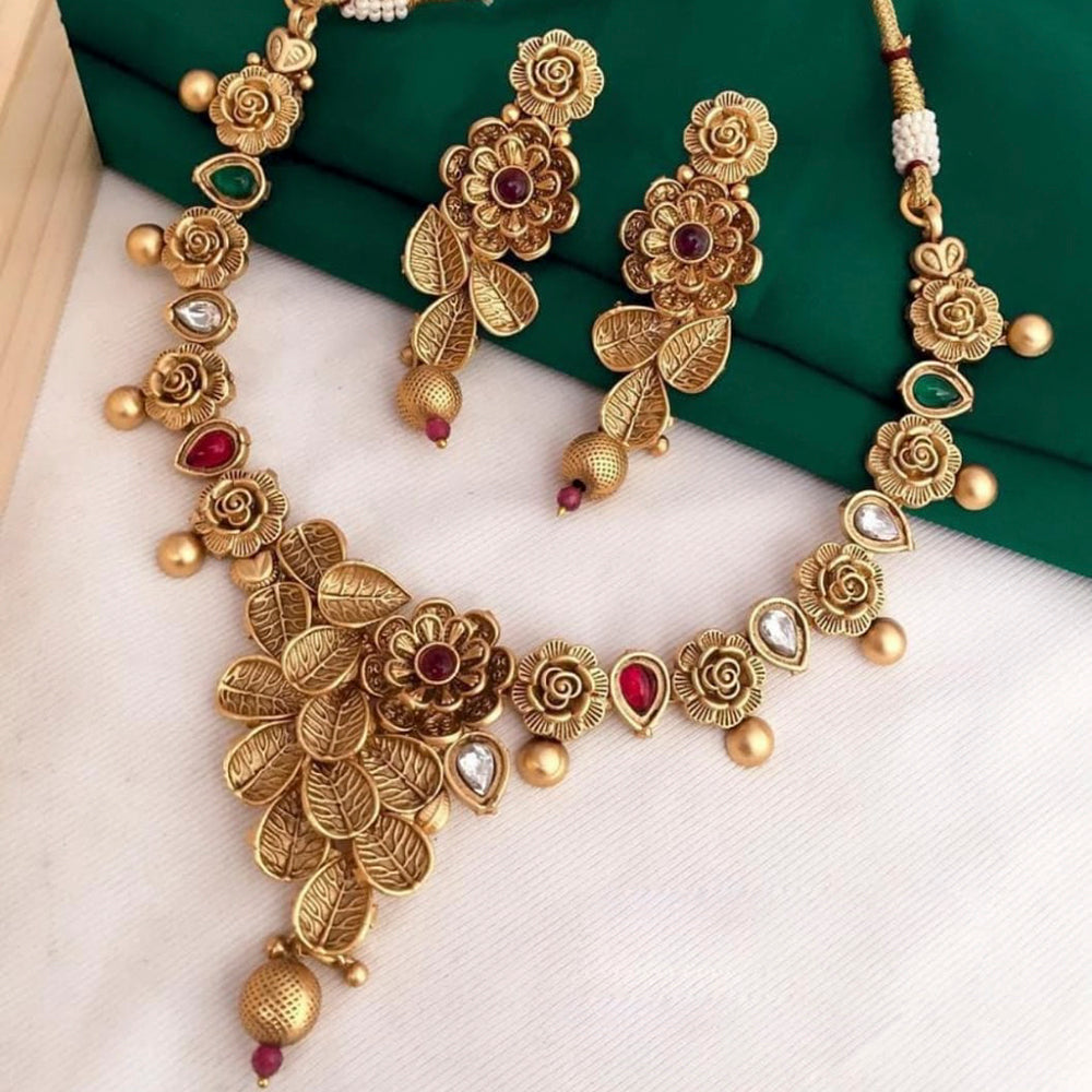 Pooja Bangles Gold Plated Pink & Green Pota Stone Necklace Set