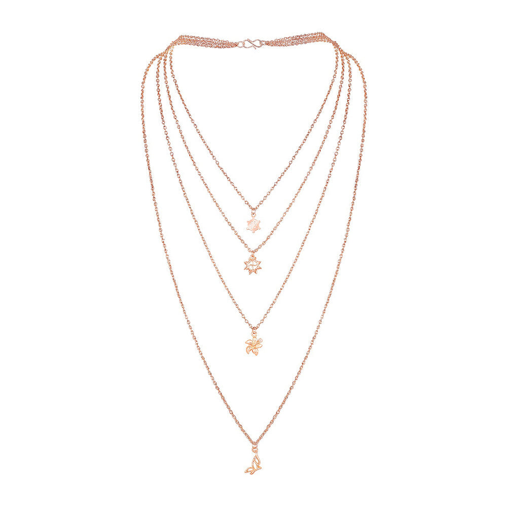 Mahi Sun, Floral, Wheel, and Butterfly Charms Multi Strand Chain Pendants Multi-layer Necklace for Women (PS1101774Z)