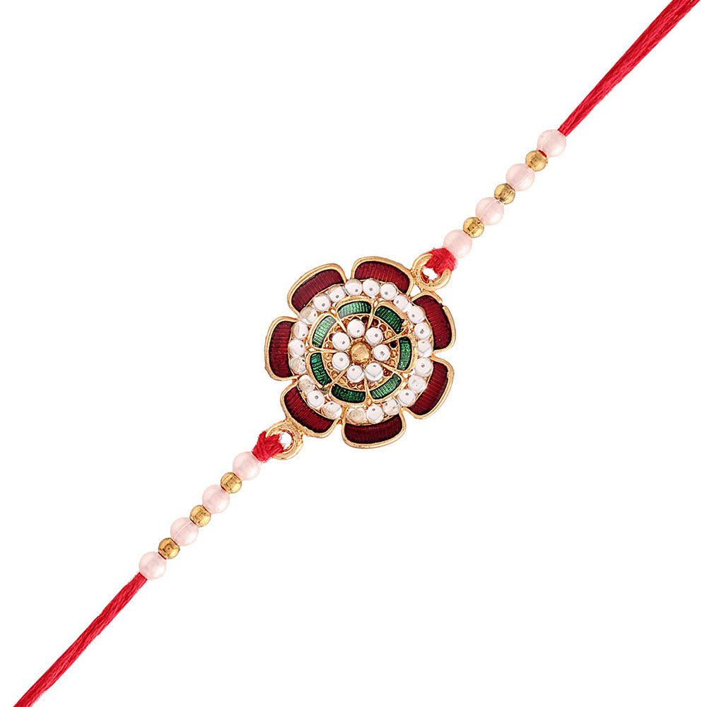 Etnico Gold Plated Ethnic Designer Pearl Meena Work Flower Rakhi Bracelet for Brother/Men (R008)