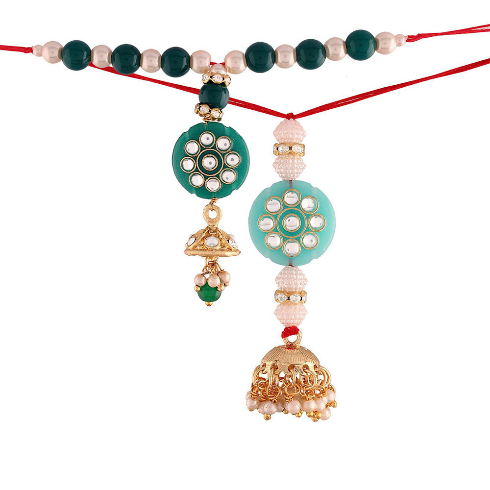 Etnico Gold Plated Hanging Traditional Pearl Studded and Beaded Lumba Rakhi for Bhabhi (R017-19LCO) (Pack of 2 Lumba)