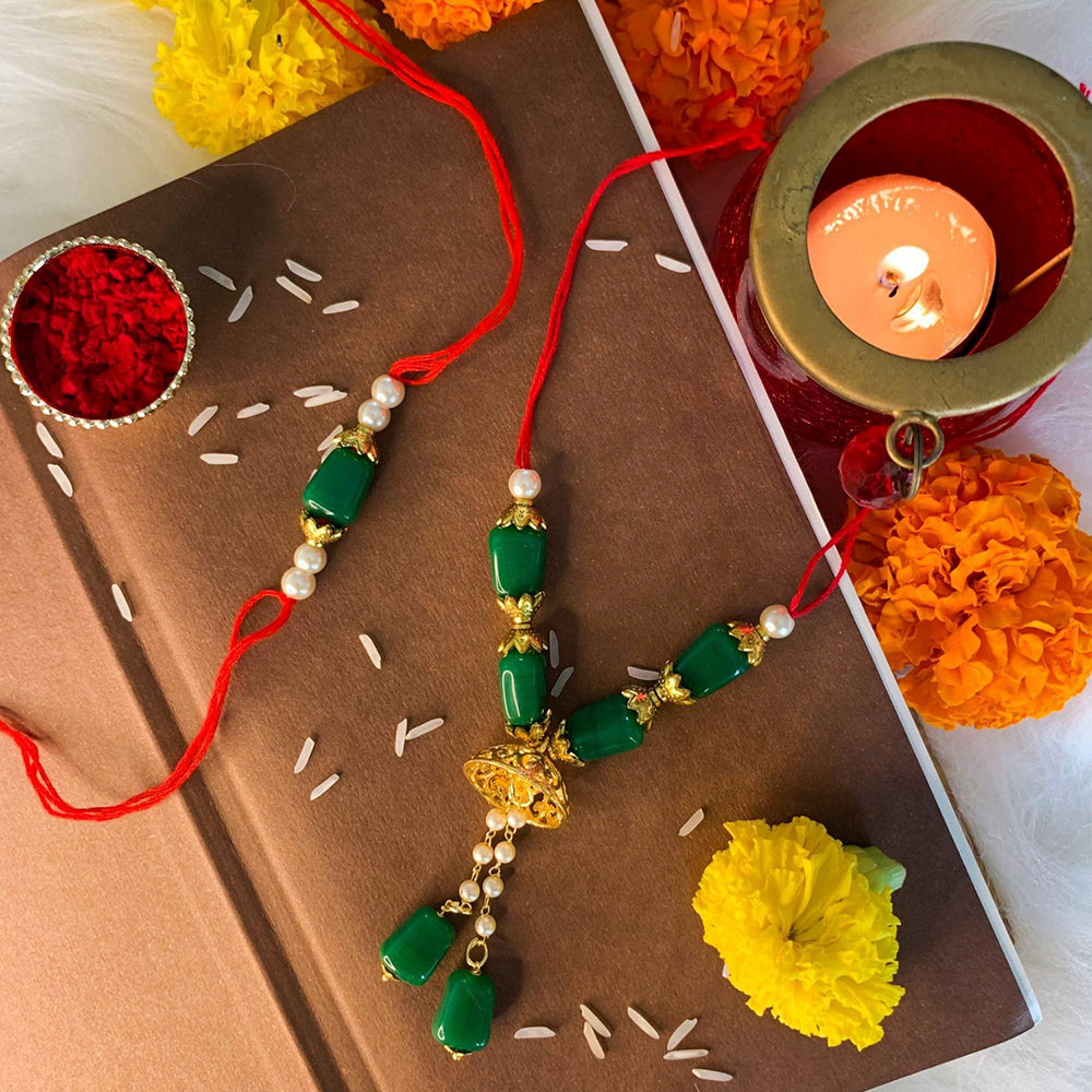 Etnico Designer Bhaiya Bhabhi Hanging Lumba Rakhi Combo Set with Roli Chawal for Rakshabhandan Special (R018-CO)