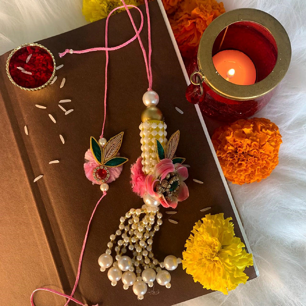 Etnico Designer Bhaiya Bhabhi Hanging Lumba Rakhi Combo Set with Roli Chawal for Rakshabhandan (R055-42) (Style-7)