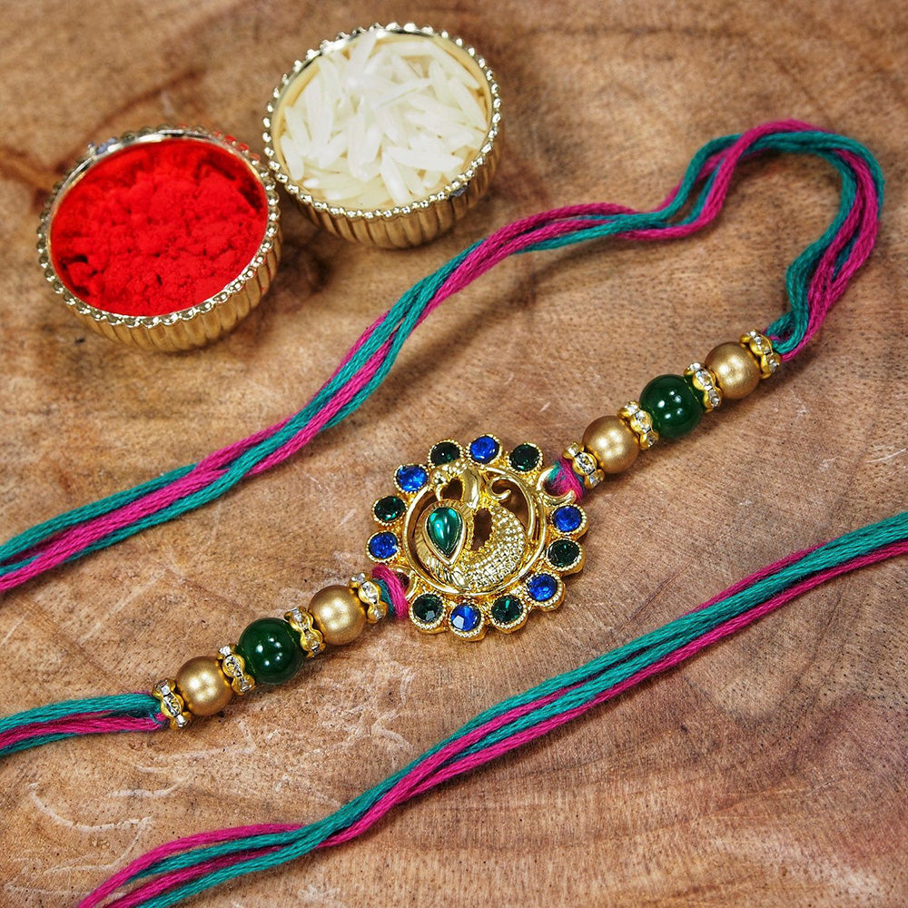 Etnico Gold Plated Ethnic Peacock Design Beads Kundan Rakhi Bracelet With Roli chawal for Brother/Men (R047-R)