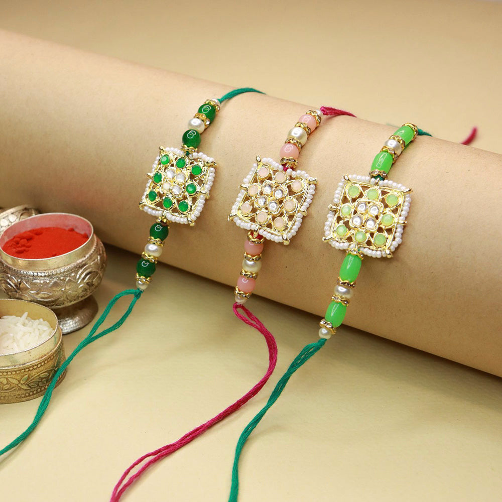 Etnico Ethnic Designer Pearl Beads Studded Rakhi Bracelet with Roli Chawal for Brother/Men(R075-3)Pack of 3 Rakhi