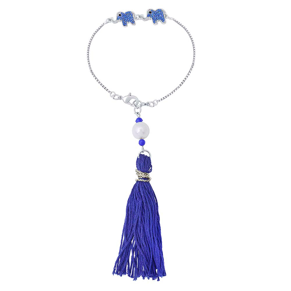 Mahi Dual Elephant Shape Blue Crystals Lumba Rakhi for Bhabhi (RAL1100683G)
