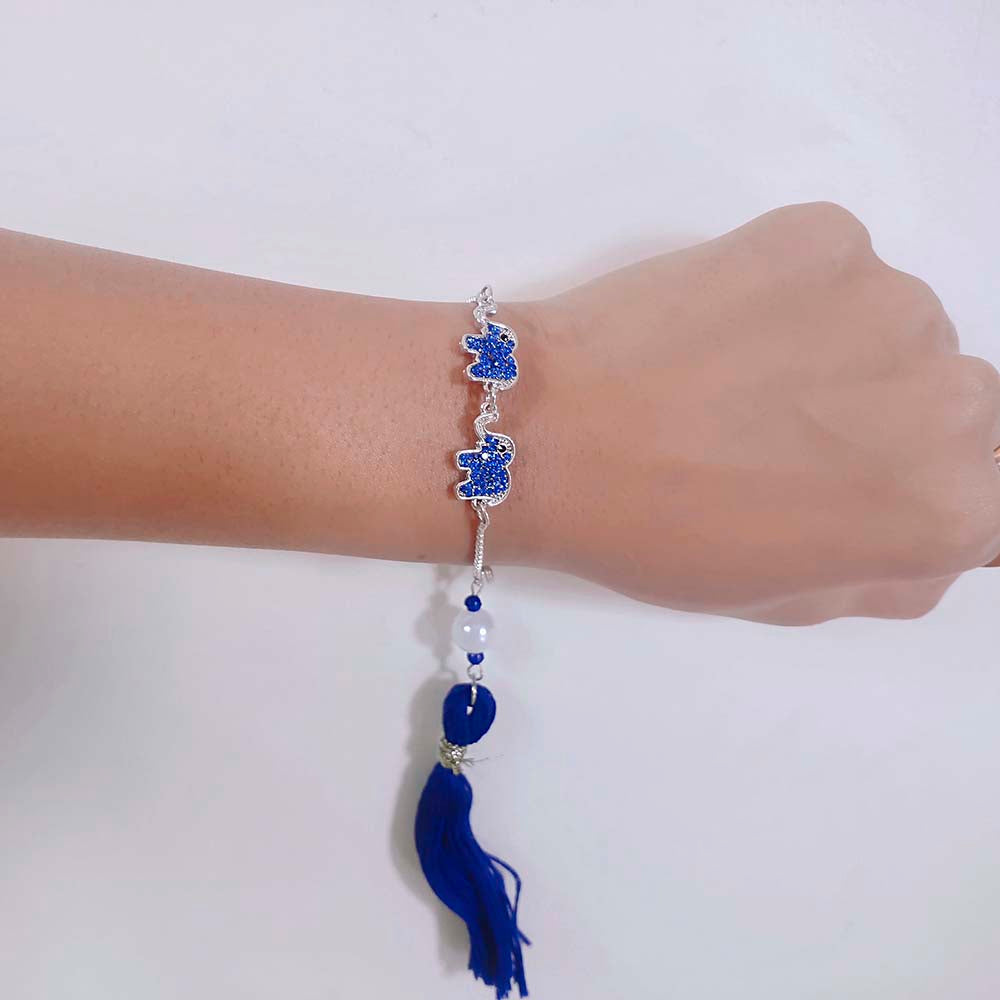 Mahi Dual Elephant Shape Blue Crystals Lumba Rakhi for Bhabhi (RAL1100683G)