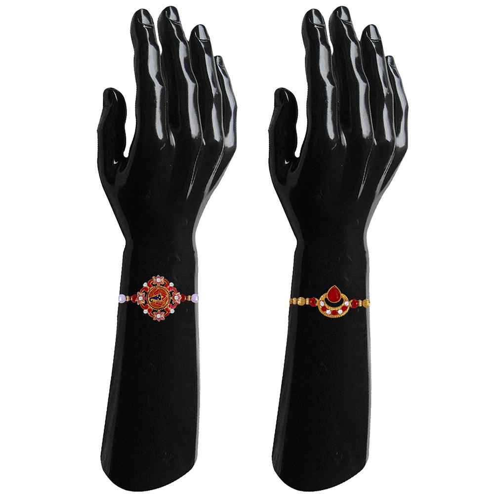 Mahi Combo of 2 Designer Red, White Crystals, Artificial Pearl Rakhi's for Brother (RCO1105244G)