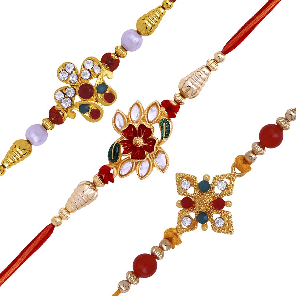 Mahi Combo of 3 Designer Red, White Crystals and Artificial Pearl Rakhi's for Brother (RCO1105250G)