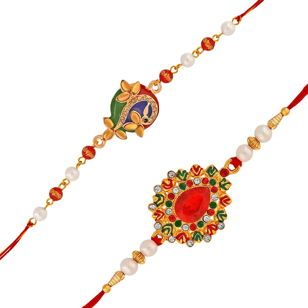 Mahi Combo of Peacok and Peacock Feather Shaped Colorful Meena Work and Crystals Rakhi's for Bhaiya (RCO1105417M)