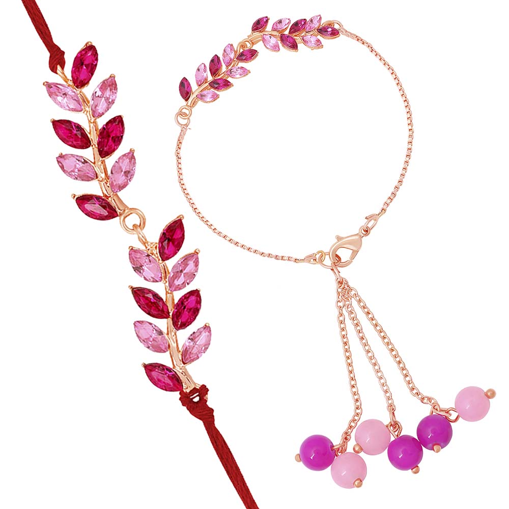Mahi Light and Dark Pink Leafe Shape Crystals Rakhi Combo for Bhaiya and Bhabhi (RCOL1105340M)