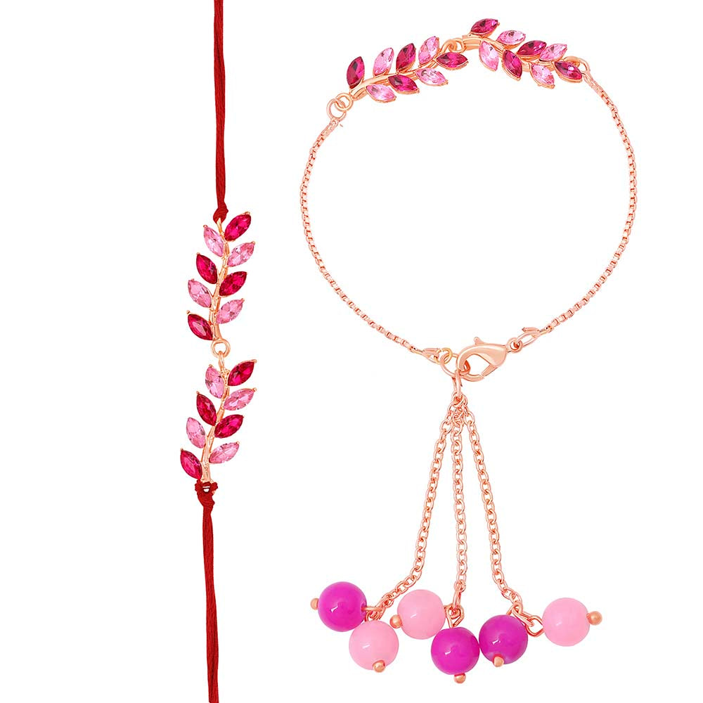 Mahi Light and Dark Pink Leafe Shape Crystals Rakhi Combo for Bhaiya and Bhabhi (RCOL1105340M)