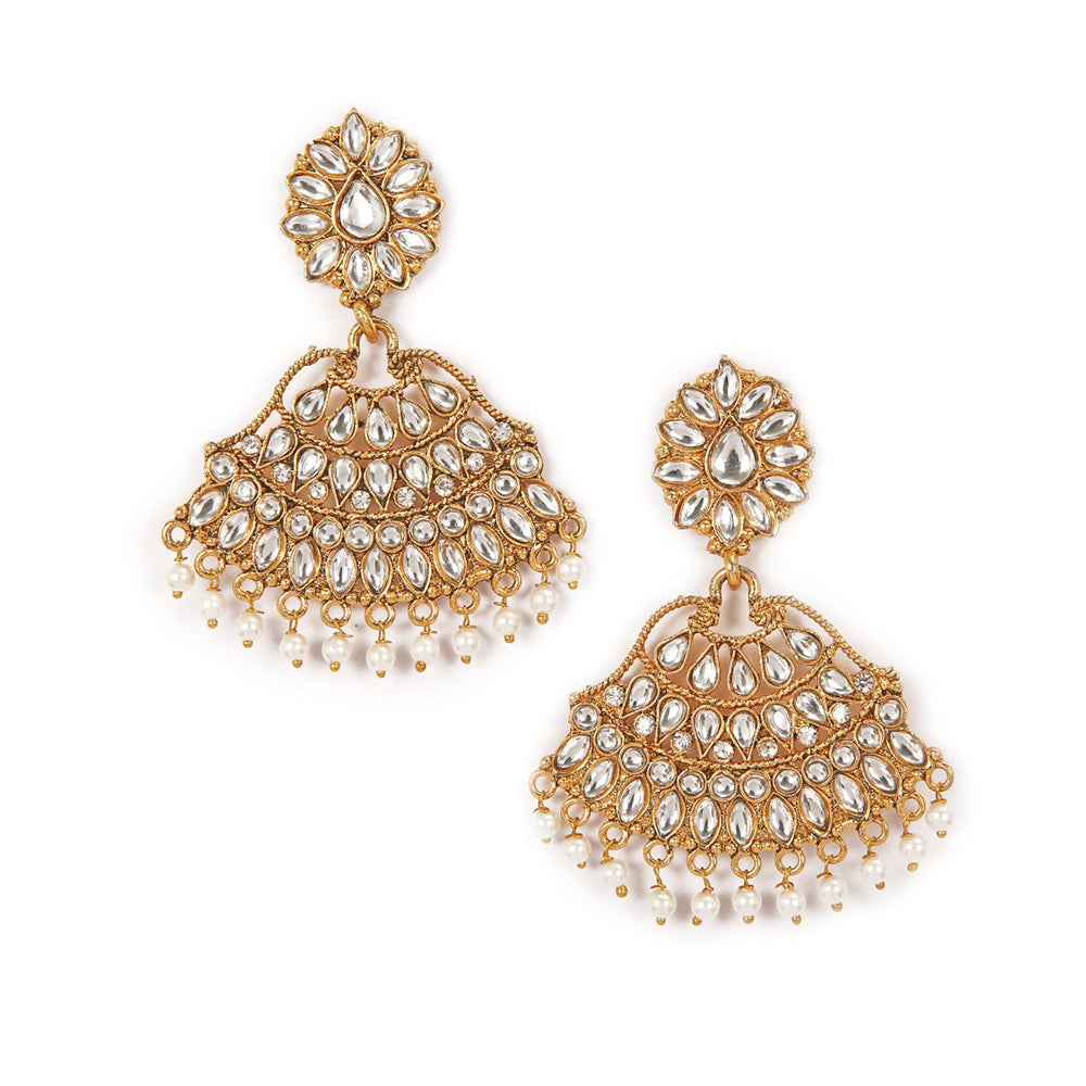 Shreeji Brown Stone And Kundan Gold Plated Dangler Earrings