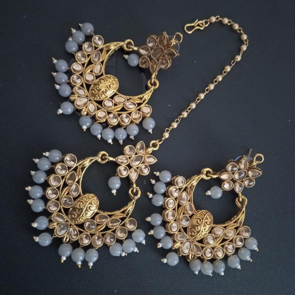 Sai Fashion Gold Plated Kundan And Beads Designer Dangler Earrings With Maang Tikka