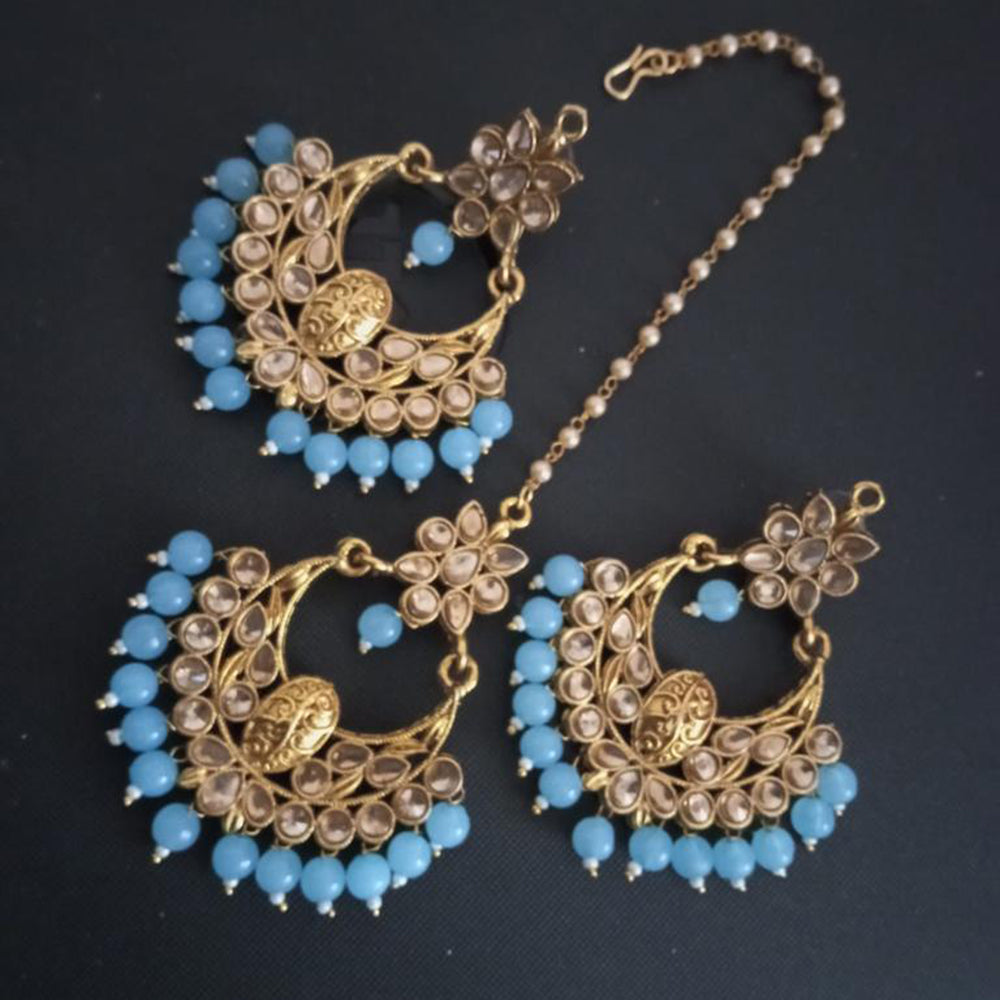 Sai Fashion Gold Plated Kundan And Beads Designer Dangler Earrings With Maang Tikka