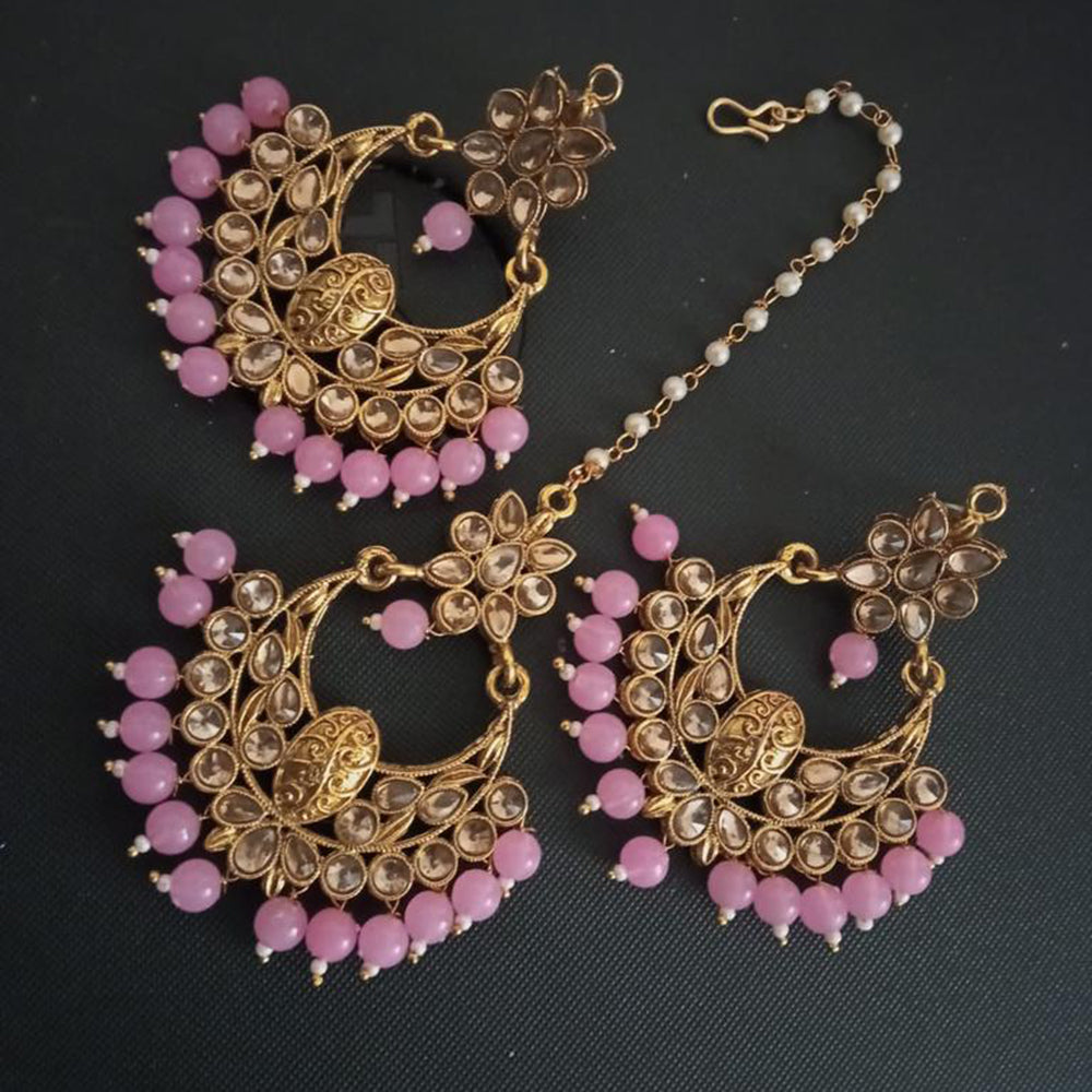 Sai Fashion Gold Plated Kundan And Beads Designer Dangler Earrings With Maang Tikka