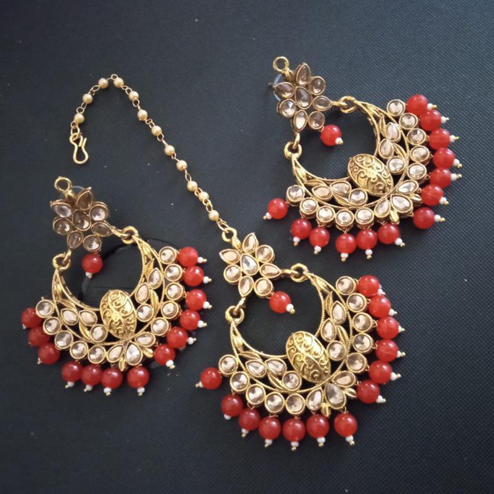 Sai Fashion Gold Plated Kundan And Beads Designer Dangler Earrings With Maang Tikka