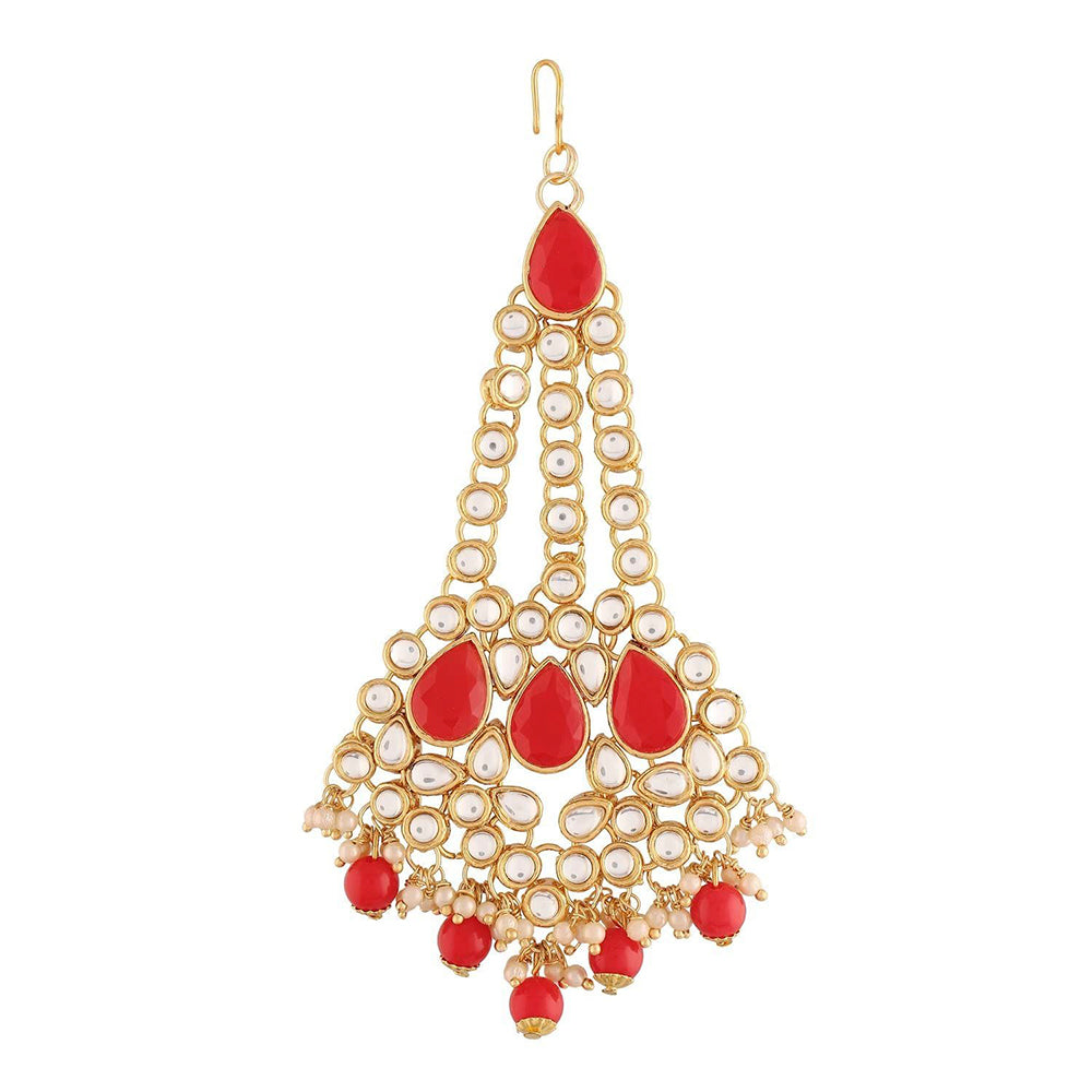 Etnico 18K Gold Plated Mughal Beautiful Long Pearl Kundan Jhumar Passa/Jhoomar Maang Tikka for Women (T2048R)
