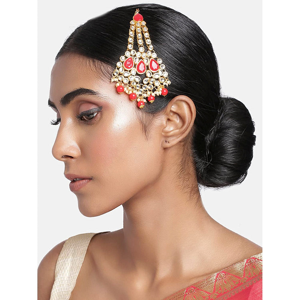 Etnico 18K Gold Plated Mughal Beautiful Long Pearl Kundan Jhumar Passa/Jhoomar Maang Tikka for Women (T2048R)