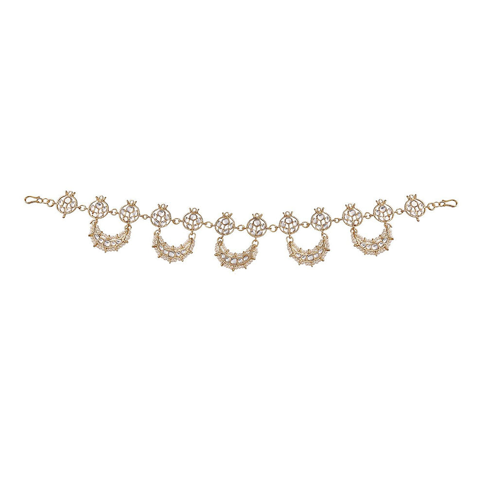 Etnico18k Gold Plated Traditional Floral Kundan Pearl Studded Rajasthani Sheeshphool/ Mathapatti for Women (T2062W)