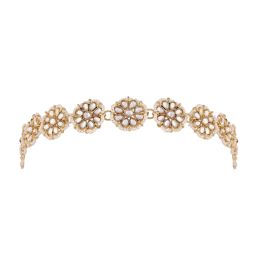 Etnico18k Gold Plated Traditional Floral Kundan Pearl Studded Rajasthani Sheeshphool/ Mathapatti for Women (T2064W)