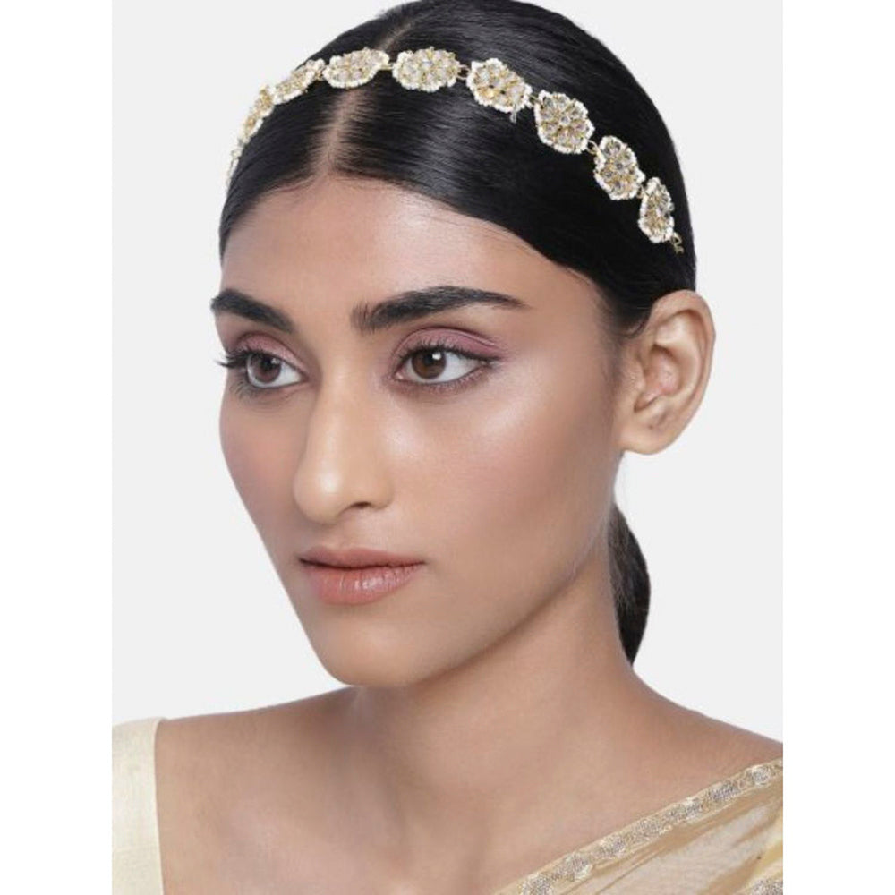 Etnico18k Gold Plated Traditional Floral Kundan Pearl Studded Rajasthani Sheeshphool/ Mathapatti for Women (T2064W)