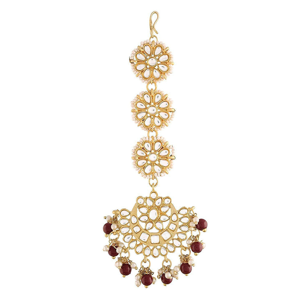 Etnico 18K Gold Plated Matte Finish Traditional Pearls Kundan Studded Maang Tikka for Women/Girls (T2911M)