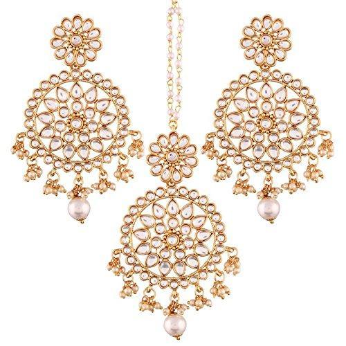 Etnico 18K Gold Plated Traditional Kundan & Pearl Studded Chandbali Earrings With Maang Tikka Set (TE2462W)
