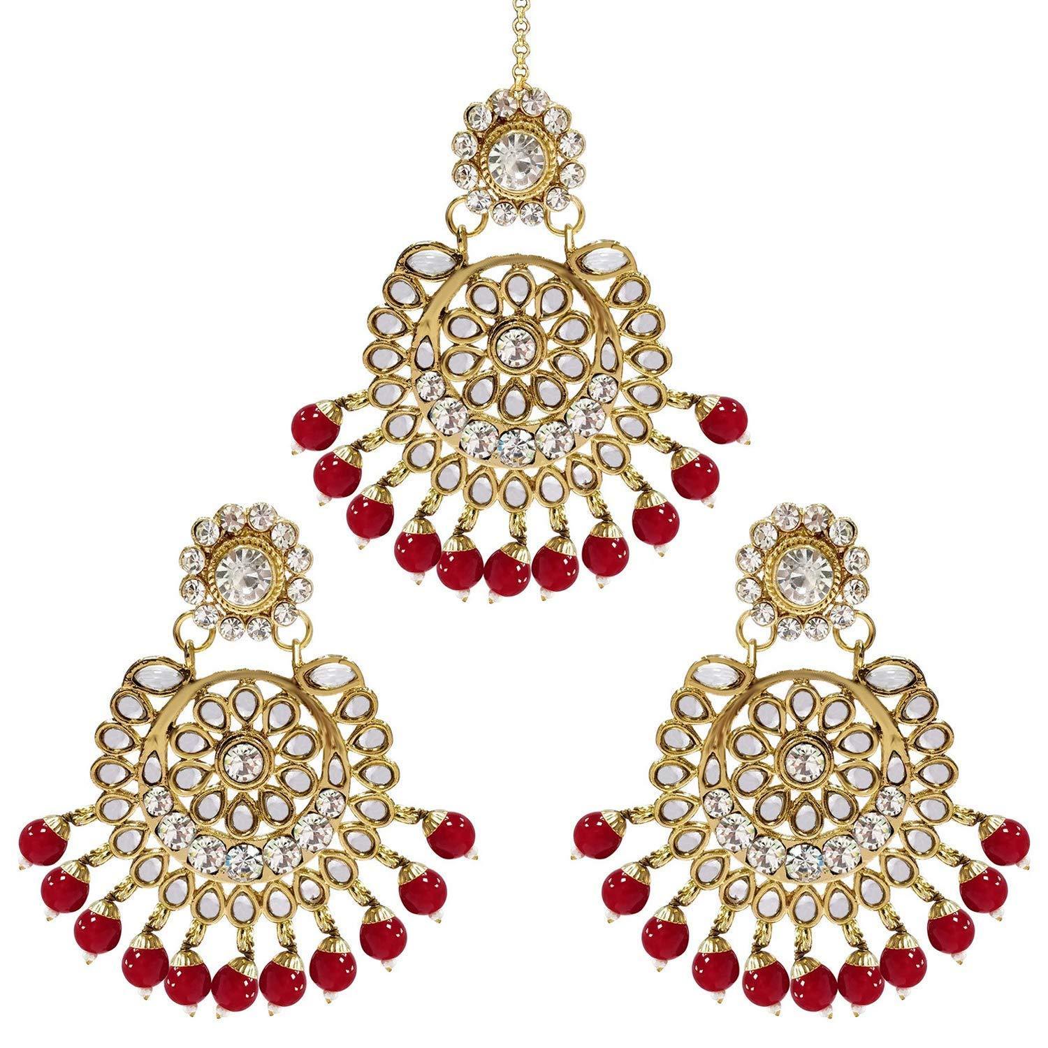 Etnico Gold Plated Traditional Kundan Pearl Earrings & Maang Tikka for Women (TE2501R)