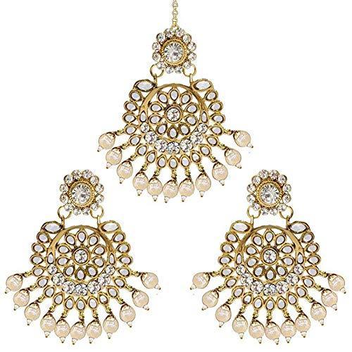 Etnico Gold Plated Traditional Kundan Pearl Earrings & Maang Tikka for Women (TE2501W)