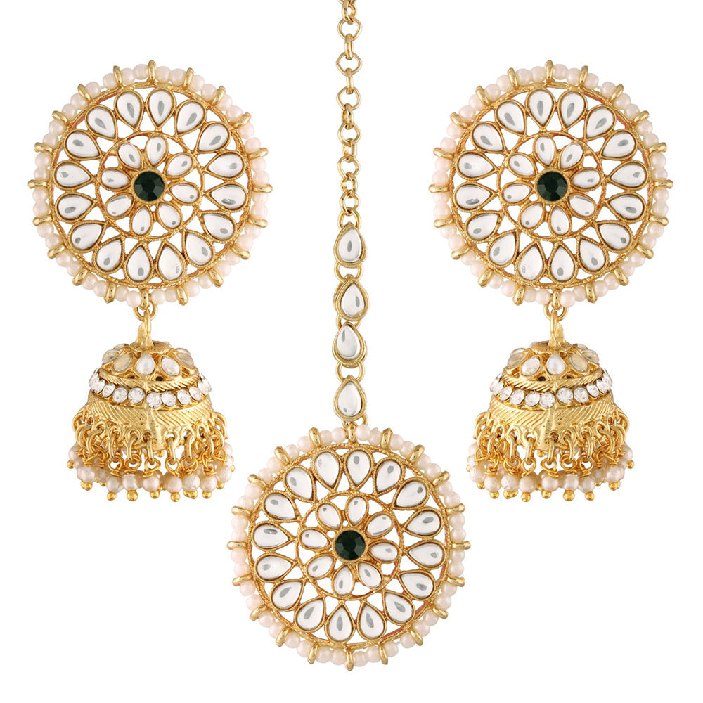 Etnico Traditional Gold Plated With Stunning Antique Finish Kundan & Pearl Jhumka Earrings With Maang Tikka for Women/Girls (TE2871G)