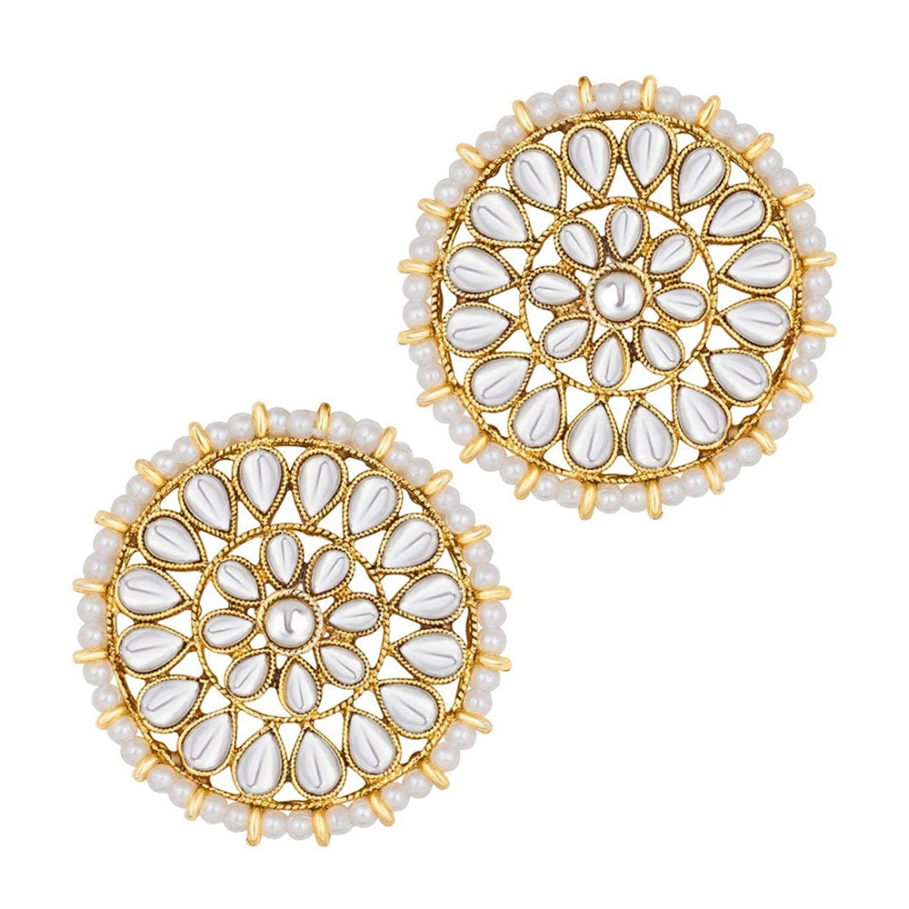 Etnico18K Gold Plated Traditional Kundan Pearl Royal Round Earring Maang Tikka Set Indian Traditional Jewellery for Women (TE2873W)