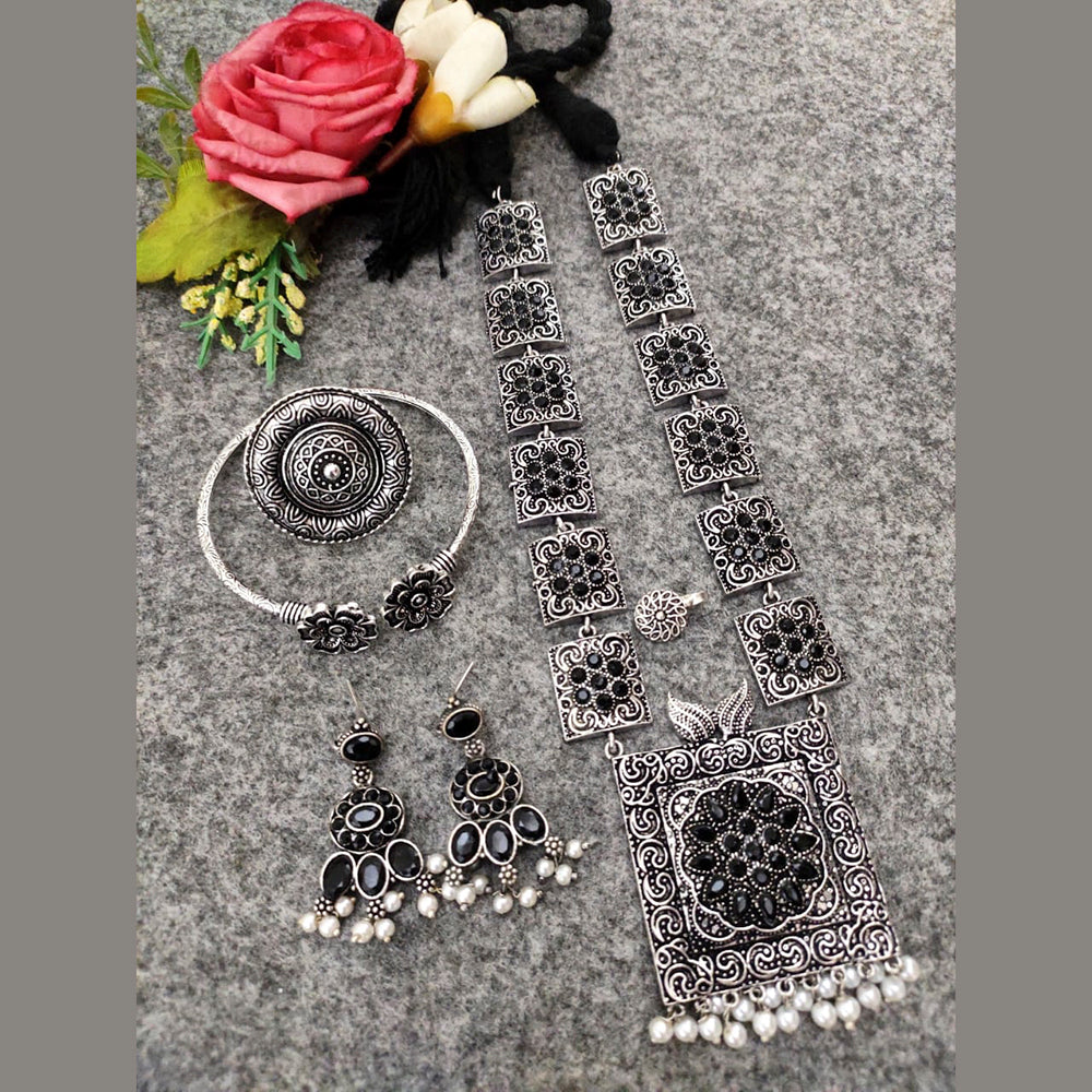 Vaamika Long Oxidised Necklace Combo Set With Stunning Earrings, Nosepin, Kada Bracelet And Big size Finger Ring