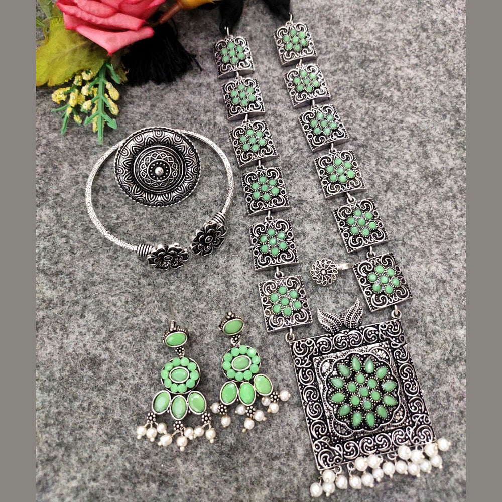 Vaamika Long Oxidised Necklace Combo Set With Stunning Earrings, Nosepin, Kada Bracelet And Big size Finger Ring