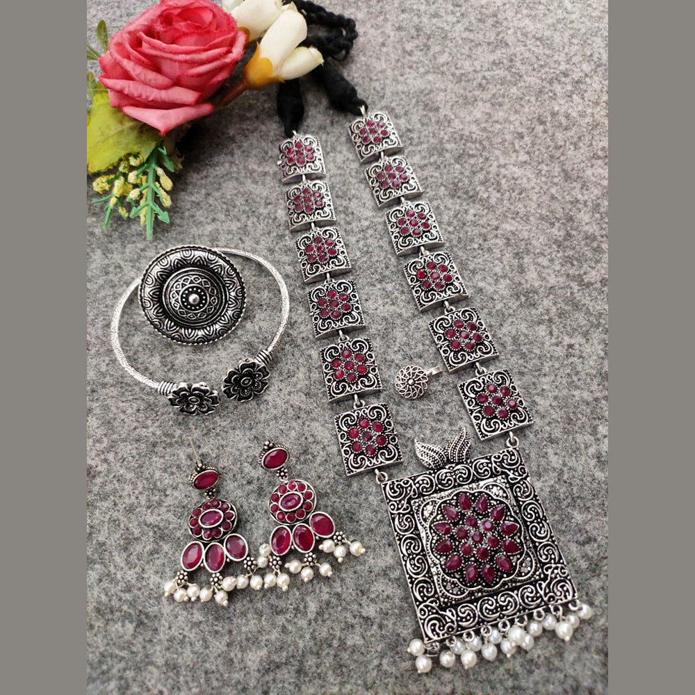 Vaamika Long Oxidised Necklace Combo Set With Stunning Earrings, Nosepin, Kada Bracelet And Big size Finger Ring
