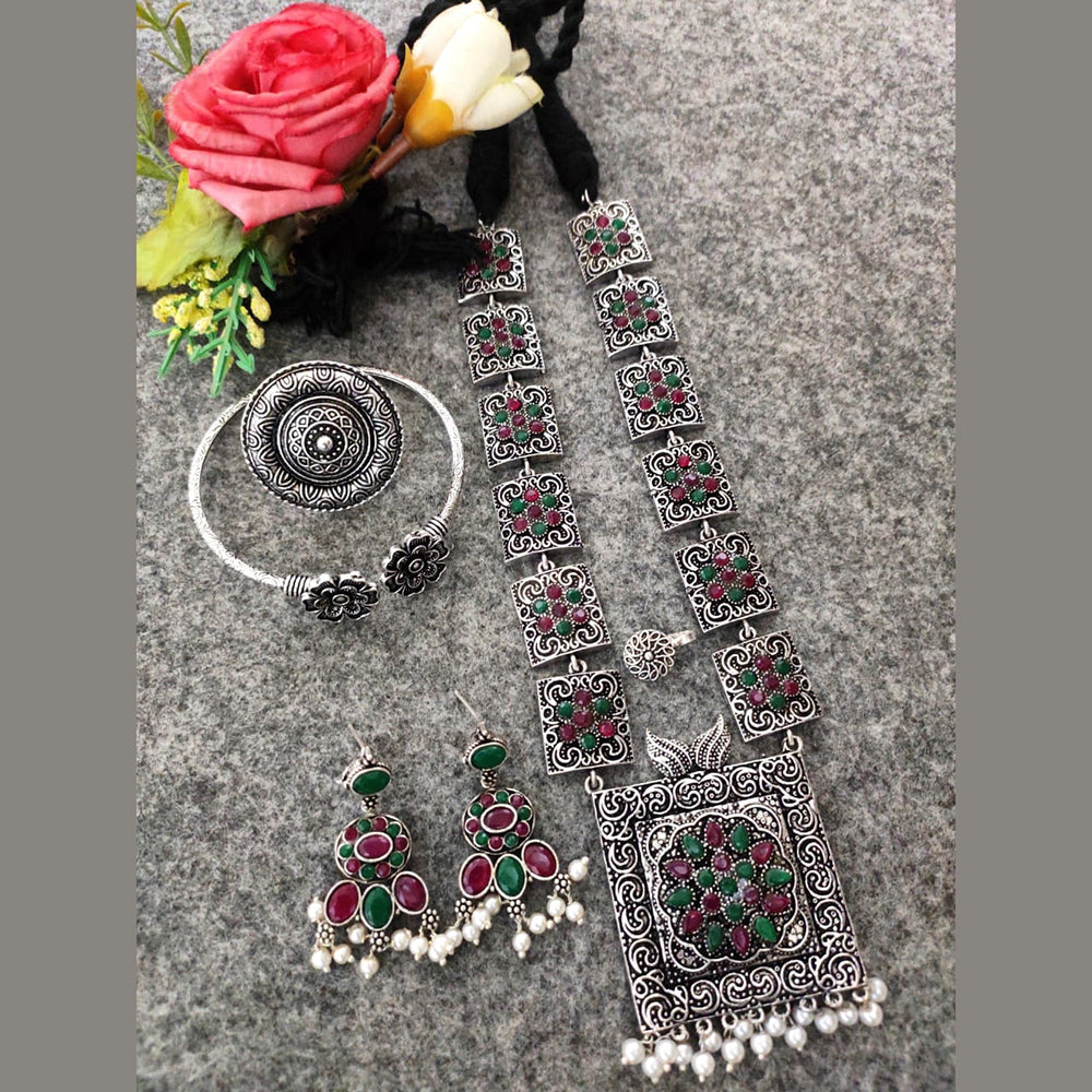 Vaamika Long Oxidised Necklace Combo Set With Stunning Earrings, Nosepin, Kada Bracelet And Big size Finger Ring