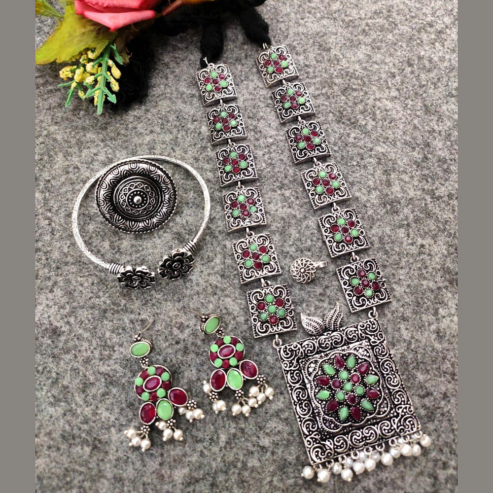 Vaamika Long Oxidised Necklace Combo Set With Stunning Earrings, Nosepin, Kada Bracelet And Big size Finger Ring