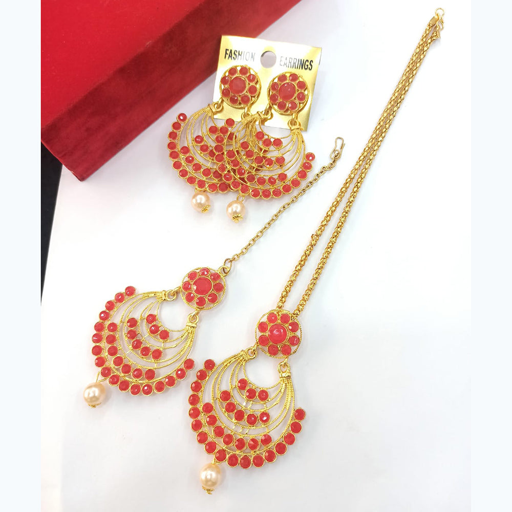 Vaamika Gold Plated Pota Stone & Pearl Necklace Set With Maang Tikka