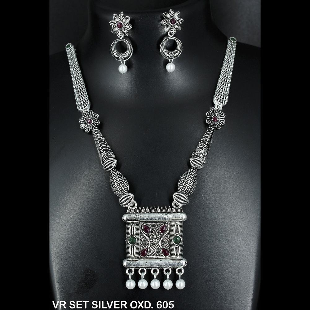 Mahavir Oxidised Plated Long Necklace Set - VR SET SILVER OXD. 605