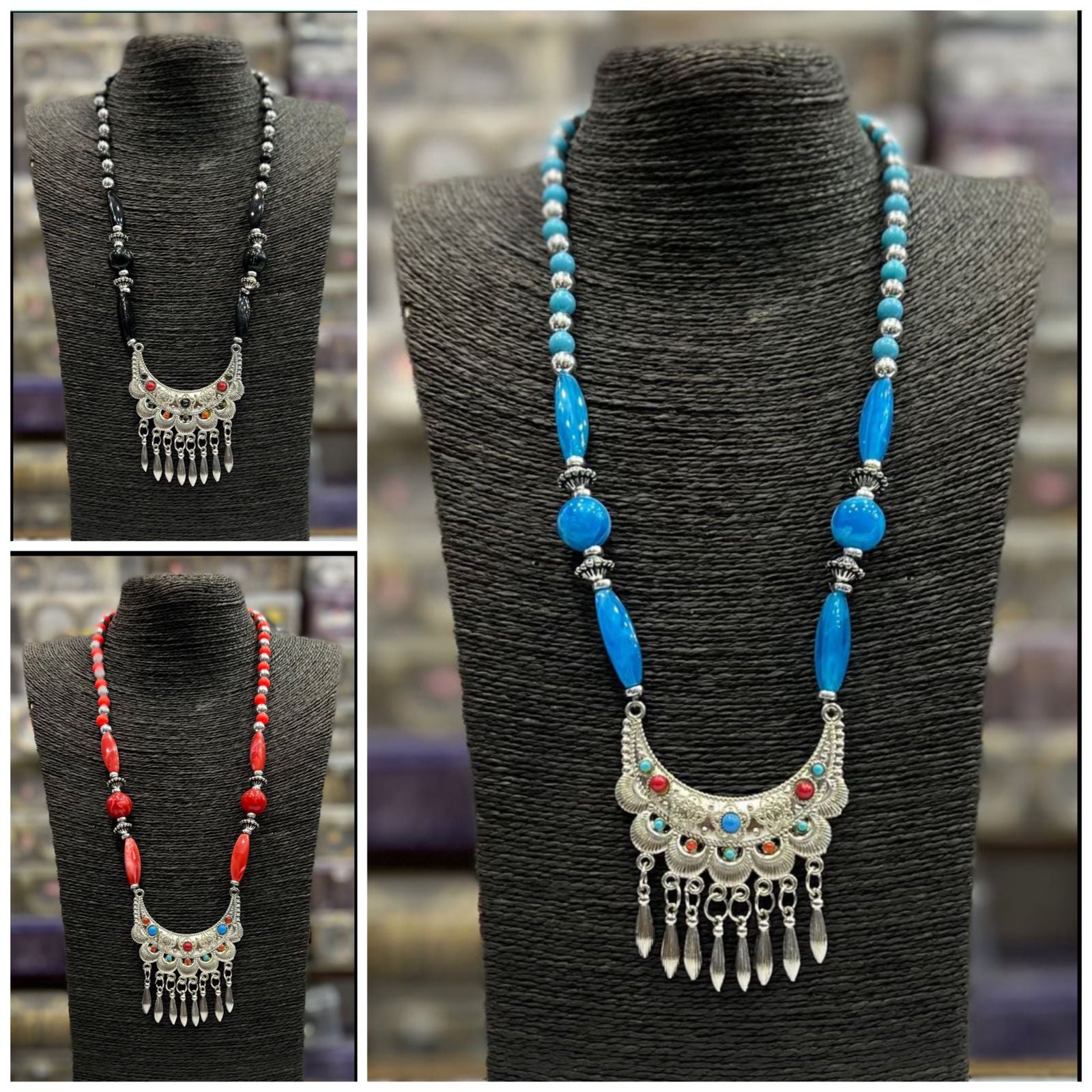 Blythediva Oxidised Plated Pack Of 3 Multi Plated Pota Stone Necklace Set